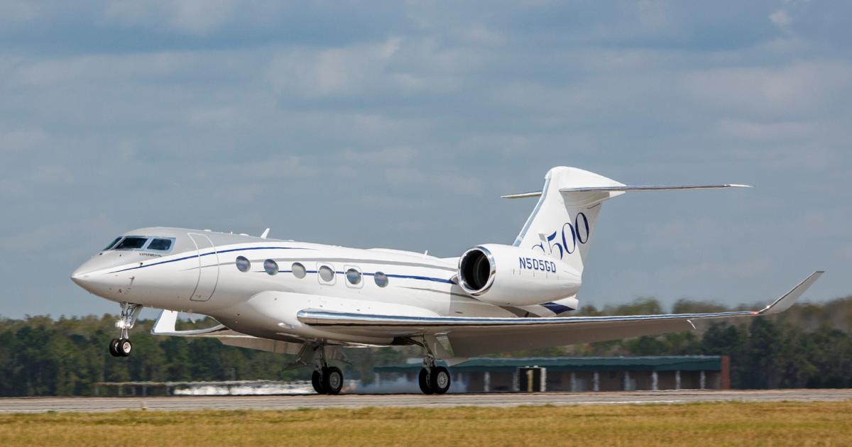 The first production G500 first flew in early August, joining the four prototype airplanes already in the flight-test fleet. To date, the five G500s have logged 1,507 hours over 361 flights. Gulfstream also announced that production G500s will have 14 cabin windows, two more than the prototypes. (Photo: Gulfstream Aerospace)