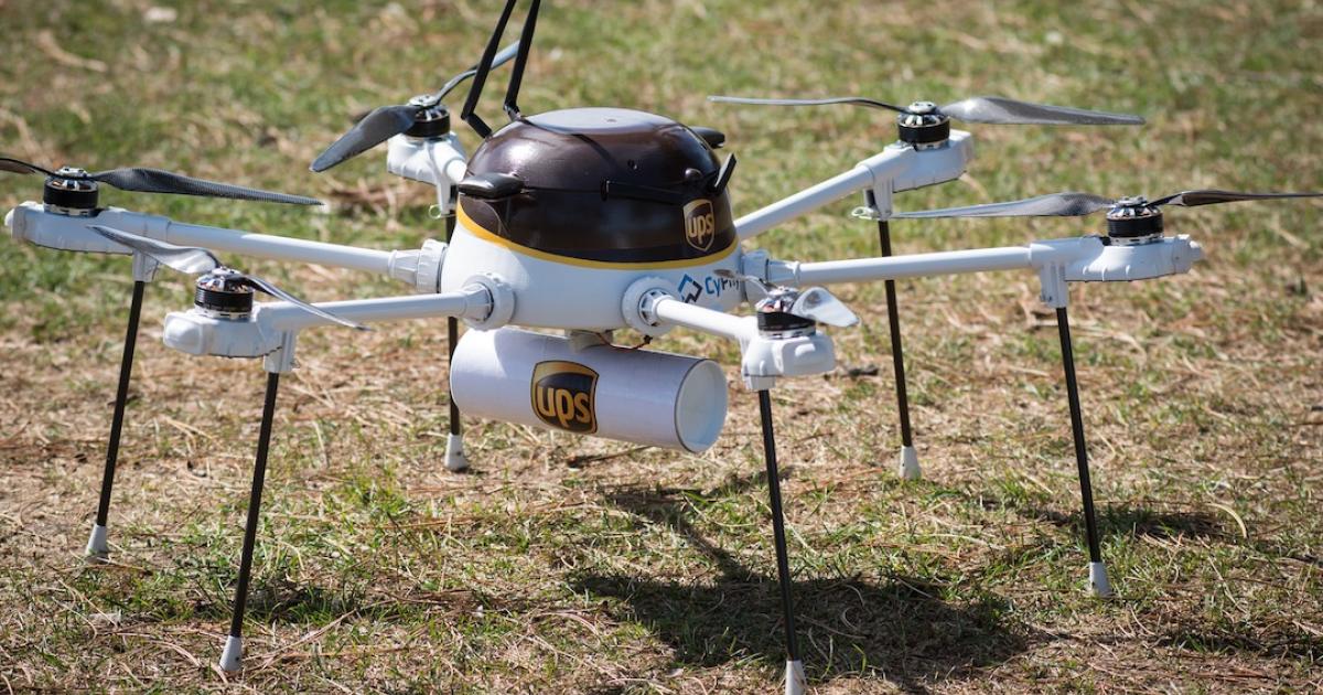 The CyPhy Works PARC hexacopter used in the flying medical supplies to an island is shown in UPS livery. (Photo: UPS)