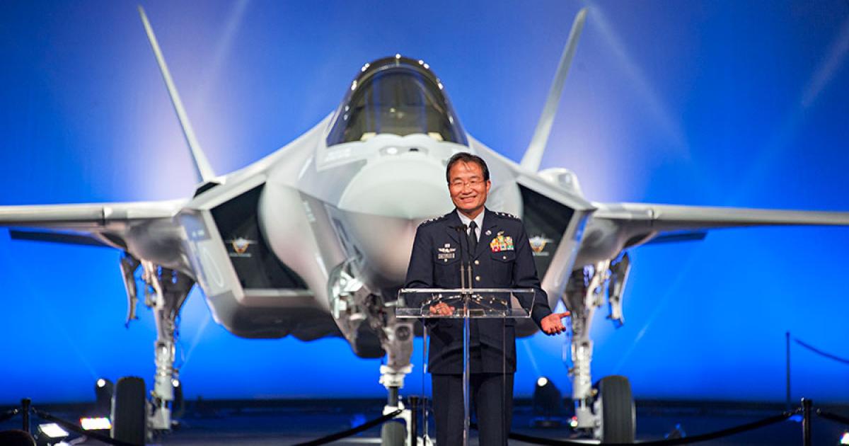 The chief of the Japan Air Self Defense Force (JASDF) Gen. Yoshiyuki Sugiyama, at the rollout ceremony in Fort Worth. (Photo: Lockheed Martin)