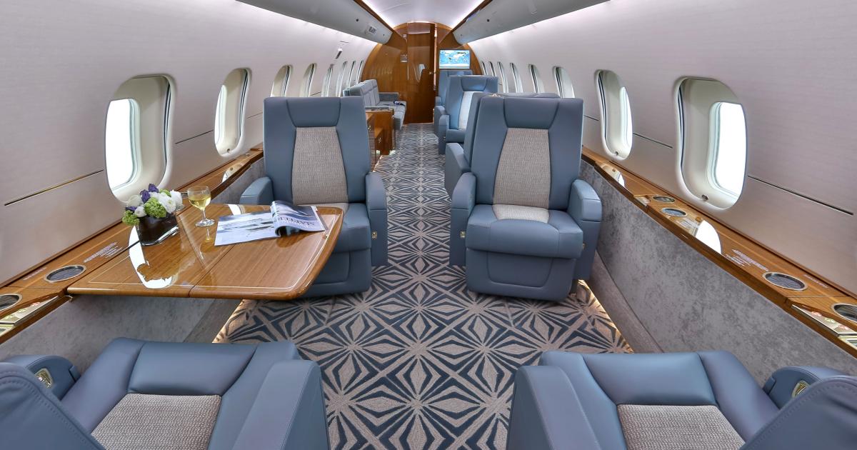 The interior upgrade on this Global 5000 was so extensive, Jet Aviation described the project as “a recompletion.” It included new carpeting, countertops and upholstery, as well as a fully updated inflight entertainment system with iPad interfaces.