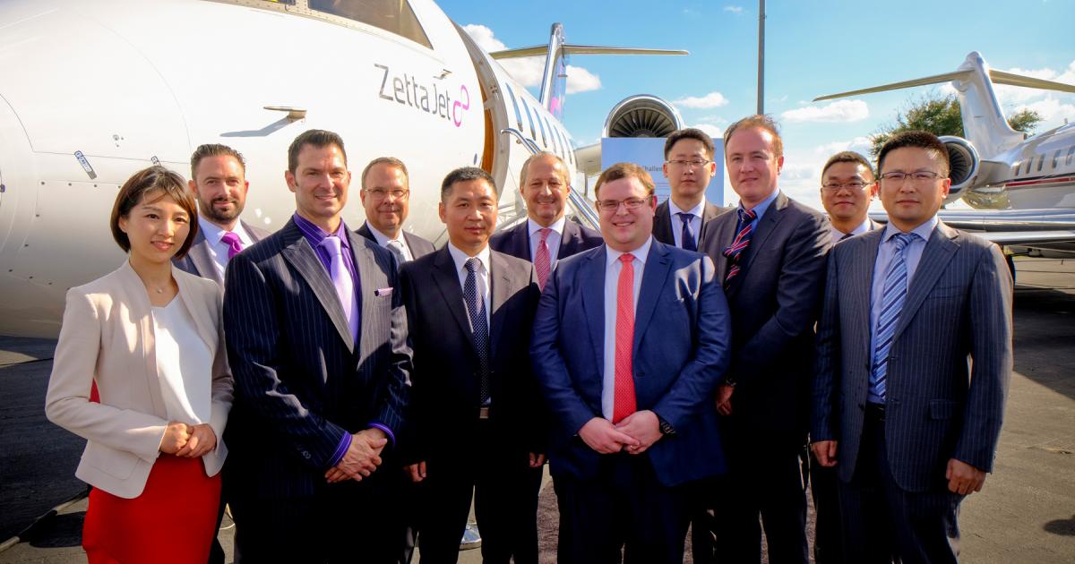 Executives from Bombardier Business Aircraft, Zetta Jet and Minsheng Financial Leasing gathered to celebrate a contract for four new Challenger 650s at the NBAA static display on Sunday. Zetta Jet also is displaying one of its Global 6000 aircraft.