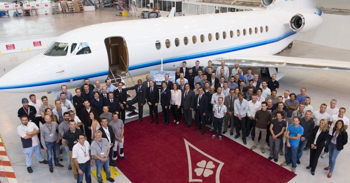 Athens, Greece-based business aircraft management, charter, sales and service company Amjet took delivery of the first Dassault Falcon 8X on October 5 at the manufacturer's Bordeaux-Merignac facility. This marks the service entry of the 6,450-nm/11,945-km business jet. (Photo: Dassault Aviation)