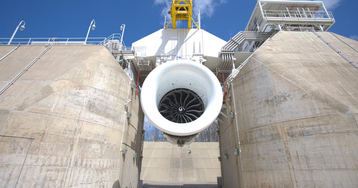 The first full GE9X turbofan rests on its test stand in Peebles, Ohio. (Photo: GE Aviation)