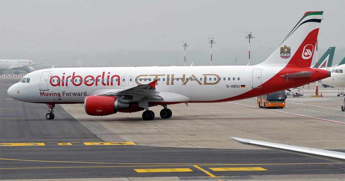 A co-branded Air Berlin Airbus A320 taxis at Milan Linate Airport. Etihad Airways owns 29.21 percent of Air Berlin. (Photo: Flickr: <a href="http://creativecommons.org/licenses/by-sa/2.0/" target="_blank">Creative Commons (BY-SA)</a> by <a href="http://flickr.com/people/130961247@N06" target="_blank">Anna Zvereva</a>)