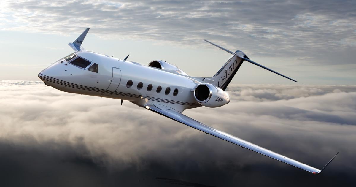 Gulfstream will end production of the G450 as it prepares for service entry of its new fly-by-wire G500 in early 2018, the same time it is scheduled to deliver the final G450. The business jet was derived from the GIV and GIV-SP, which itself trace their lineage all the way back to the GI turboprop twin. (Photo: Gulfstream Aerospace)