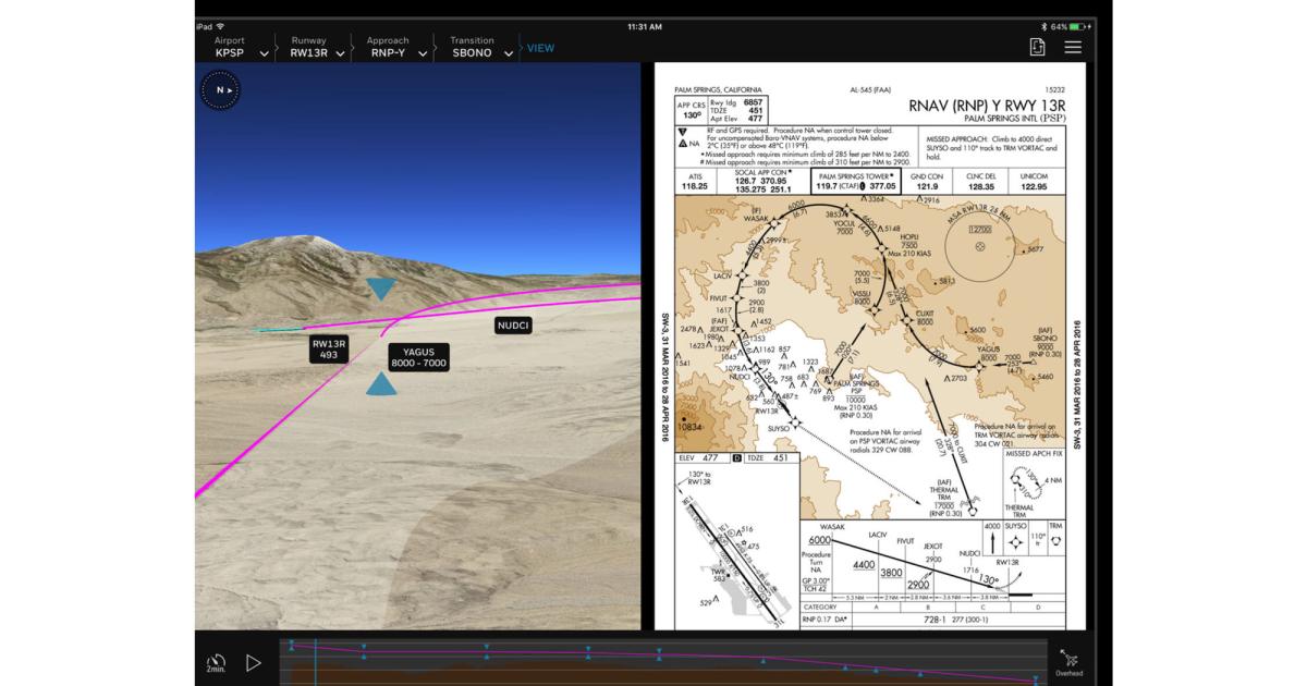 The Flight Preview function allows crews to “fly” an instrument approach ahead of time. The tablet’s left pane displays a “movie” of the approach, while the right plane displays the approach plate.
