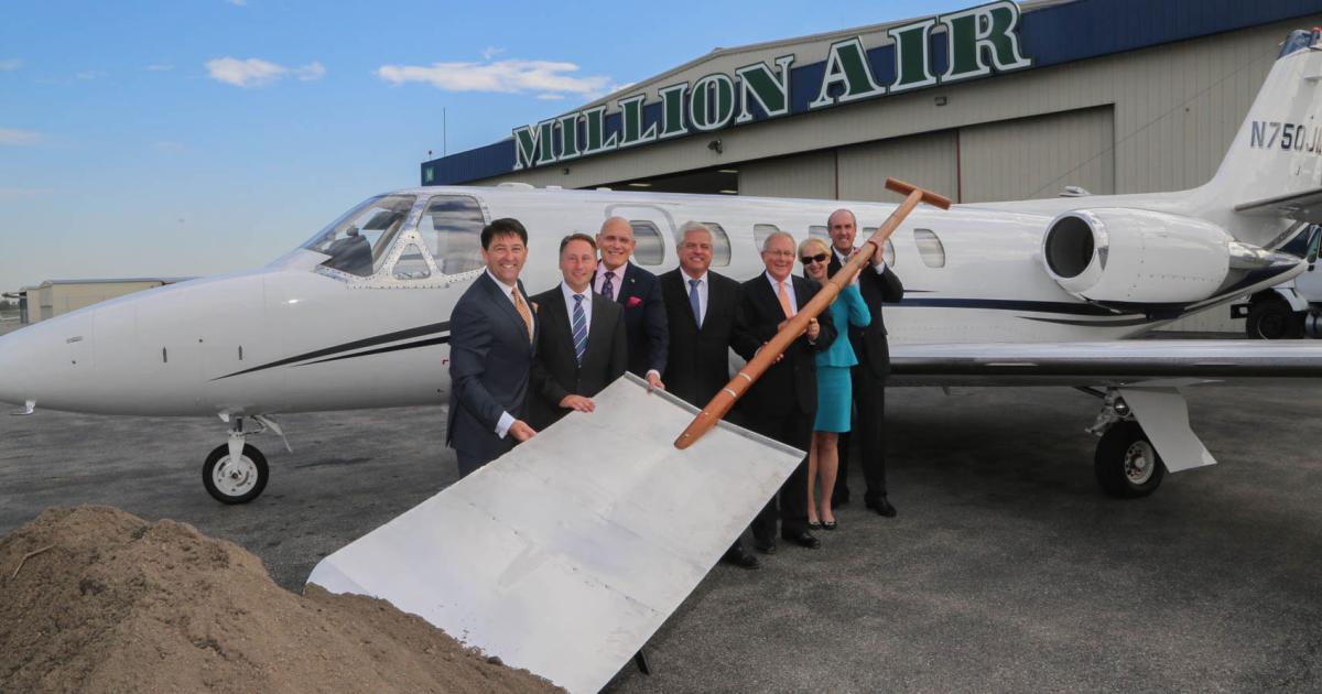 Million Air CEO Roger Woolsey (l), is joined by Westchester County Executive Rob Astorino (second from left), and other dignitaries, to celebrate the start of construction on the company's new $70 million FBO complex at New York's Westchester County Airport.