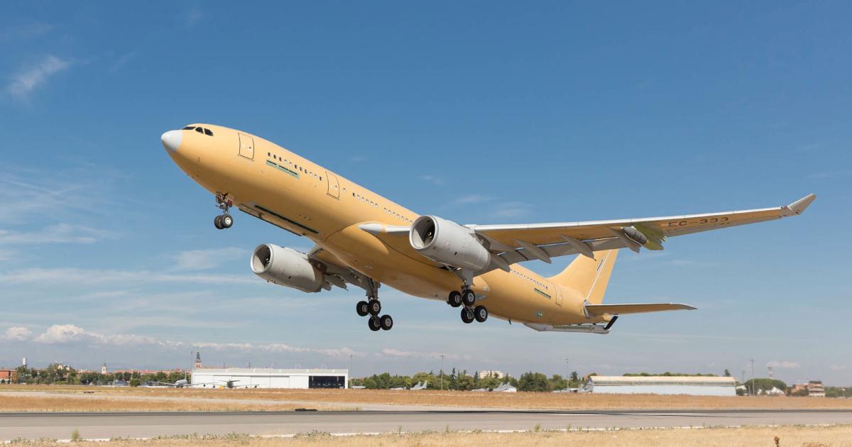 The new standard A330MRTT takes off on its maiden flight from Getafe, Spain. (Photo: Airbus D&S)