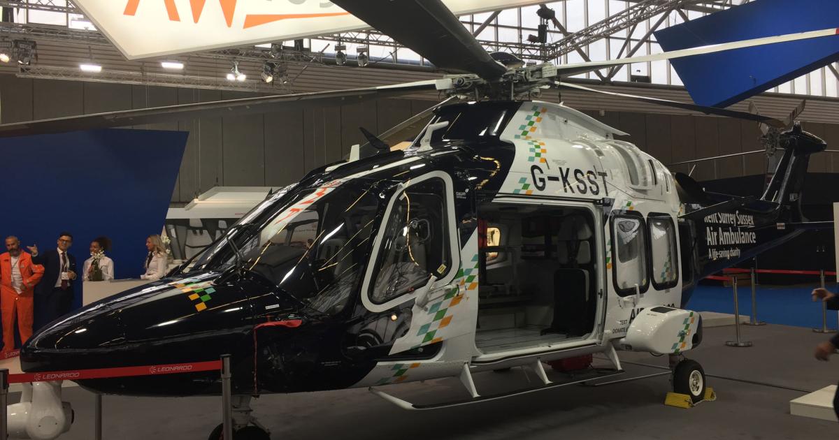 On display at Helitech is the first EMS-configured AW169 for SAS, which is operated in the UK by Kent Surrey Sussex Air Ambulance. (Photo: David Donald)