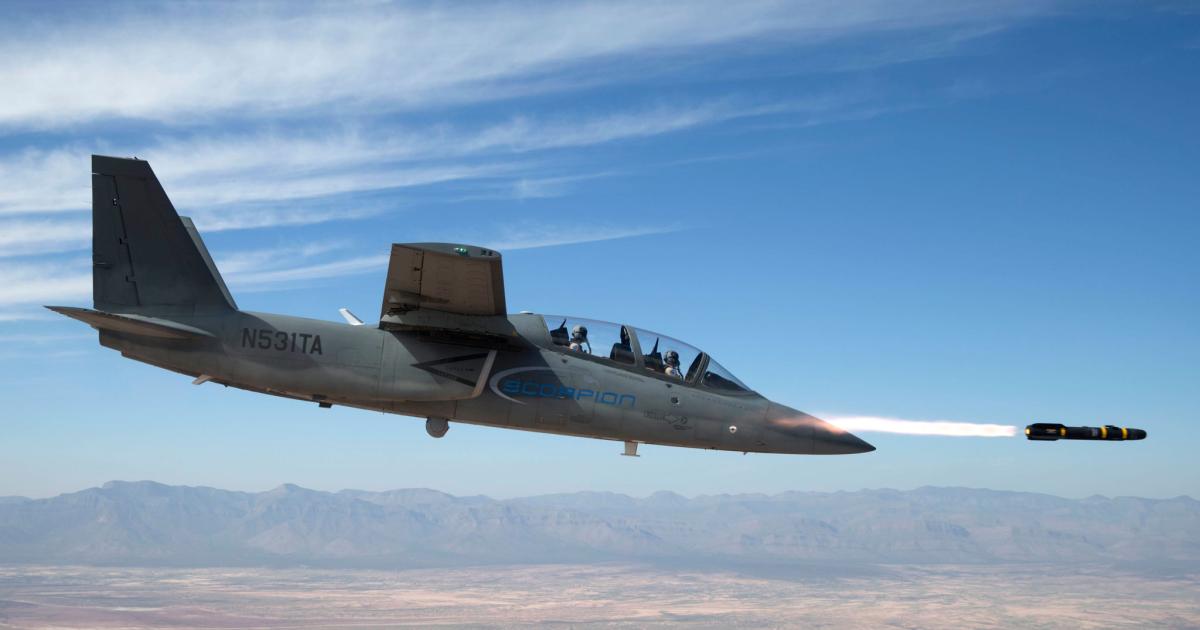 The prototype Textron AirLand Scorpion fires a Hellfire missile over the White Sands Missile Range. (Photo: Textron Airland)