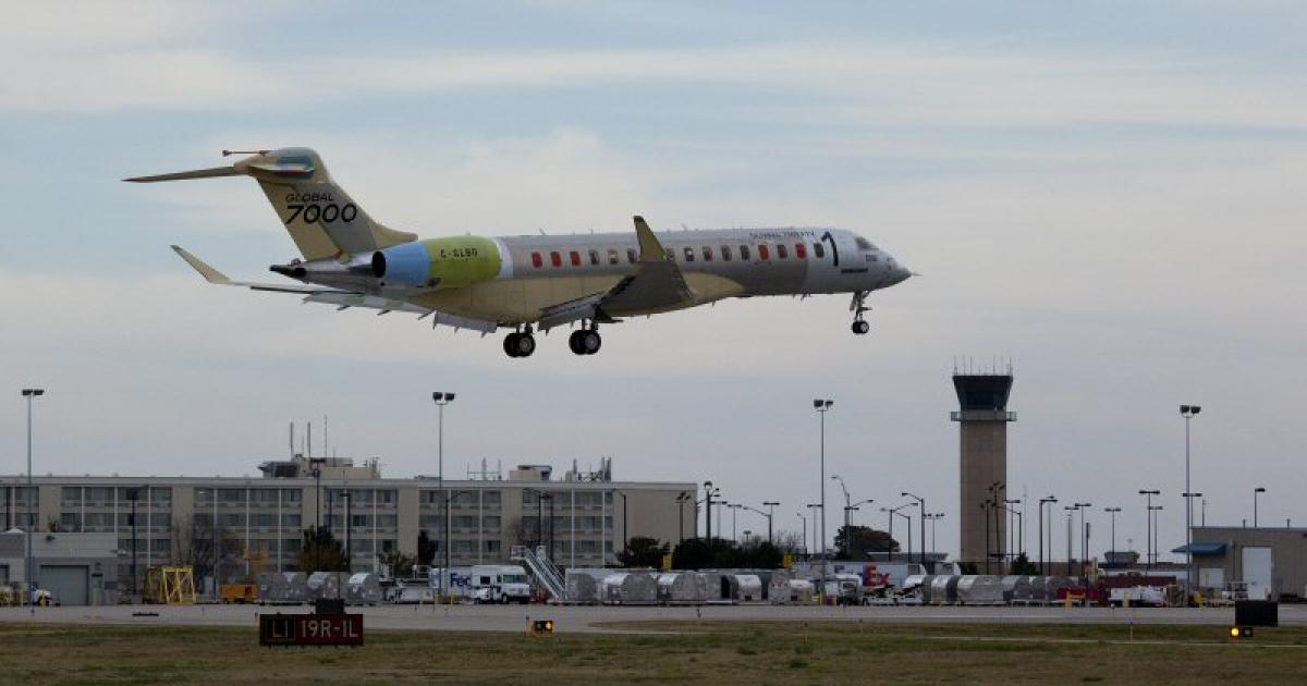 The first Global 7000 arrived November 21 at Bombardier's facility at Kansas' Wichita Dwight D. Eisenhower National Airport, which will be home to the type's flight test program.
