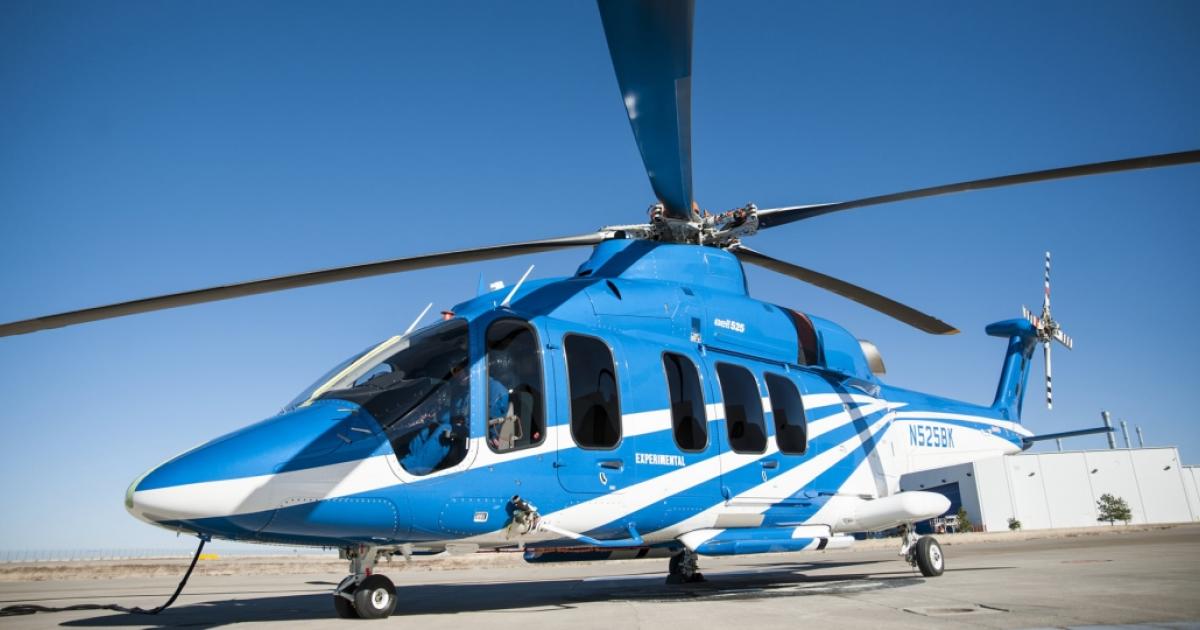 Bell 525 flight-test vehicle two (FTV2) will be one of four ships used for FAA certification. Before FTV1 crashed in July, the original plan called for five helicopters. Bell is working with the FAA and NTSB to get the 525 test fleet back in the air following the crash. (Photo: Bell Helicopter)