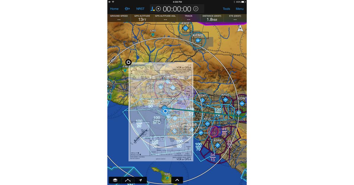 One new feature in the latest Garmin Pilot version allows pilots to overlay approach and departure charts on the main navigation screen. The overlaid chart’s opacity can be adjusted. 