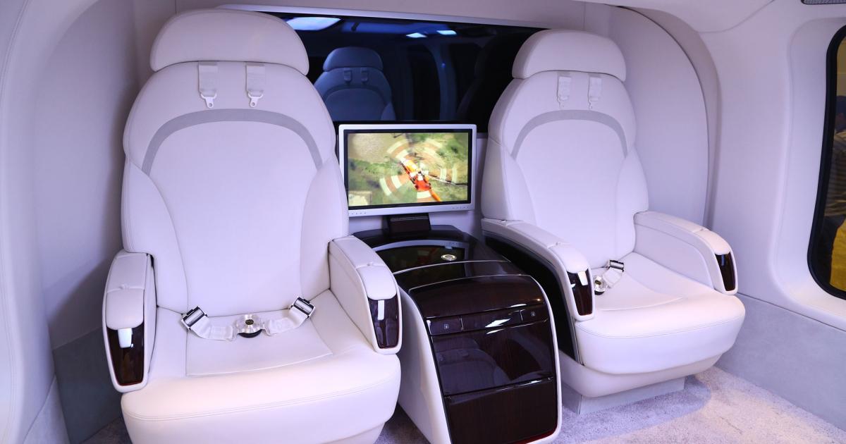 Bell Helicopter (Booth 219) and Mecaer unveiled the MAGnificent VIP 8 passenger interior for the Bell 525 super-medium twin helicopter for the first time in North America this week at NBAA 2016. The companies also announced their intent to develop a luxury interior for the smaller Model 505 Jet Ranger X single. The 525 interior is installed in a full-scale mock-up of that helicopter’s passenger cabin and is on display at Bell’s NBAA booth. —M.H.