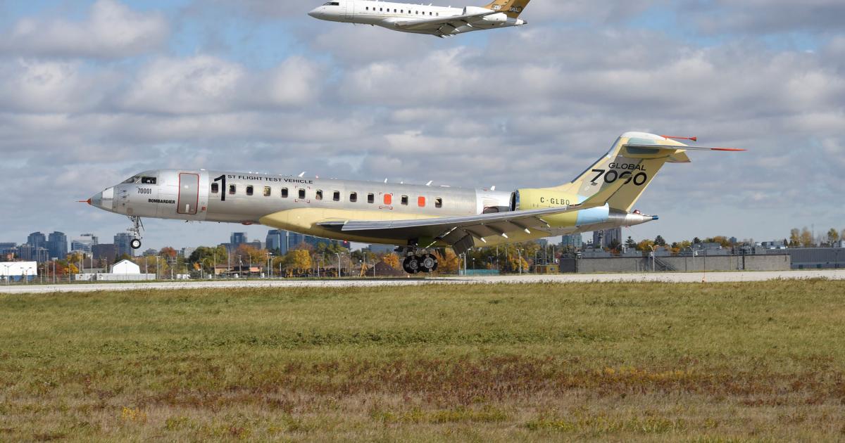 Bombardier's flagship Global 7000 lands back at Toronto Airport after completing a successful two-hour, 27-minute first flight on Nov. 4, 2016.