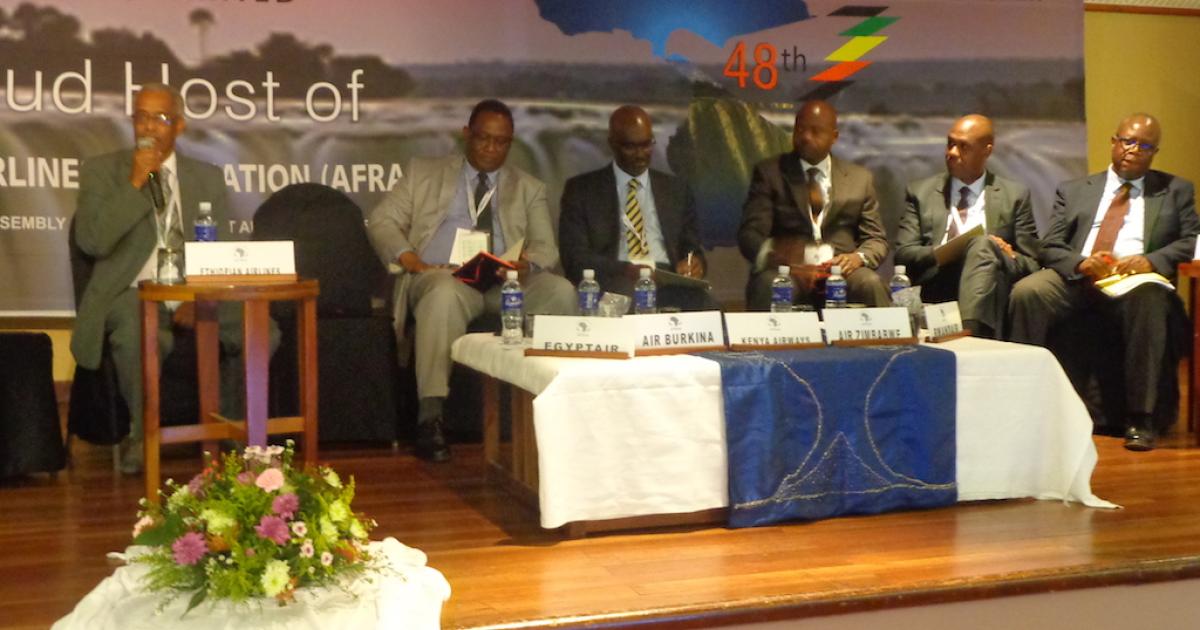 A panel of top executives from some of Africa’s most prominent airlines, including Ethiopian Airlines chief commercial officer Busera Awol, RwandAir CEO John Mirenge and South African Airways (SAA) chief commercial officer Aron Mutensi discuss a competitive predicament posed by non-African carriers during the African Airlines Association general assembly in Victoria Falls. (Photo: Kaleyesus Bekele)