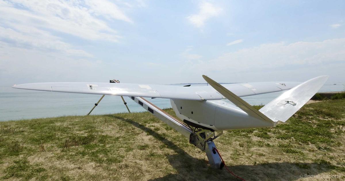 A DT26M fixed-wing drone manufactured by Delair-Tech, of Toulouse, France, awaits launch from a catapult. (Photo: Delair-Tech)
