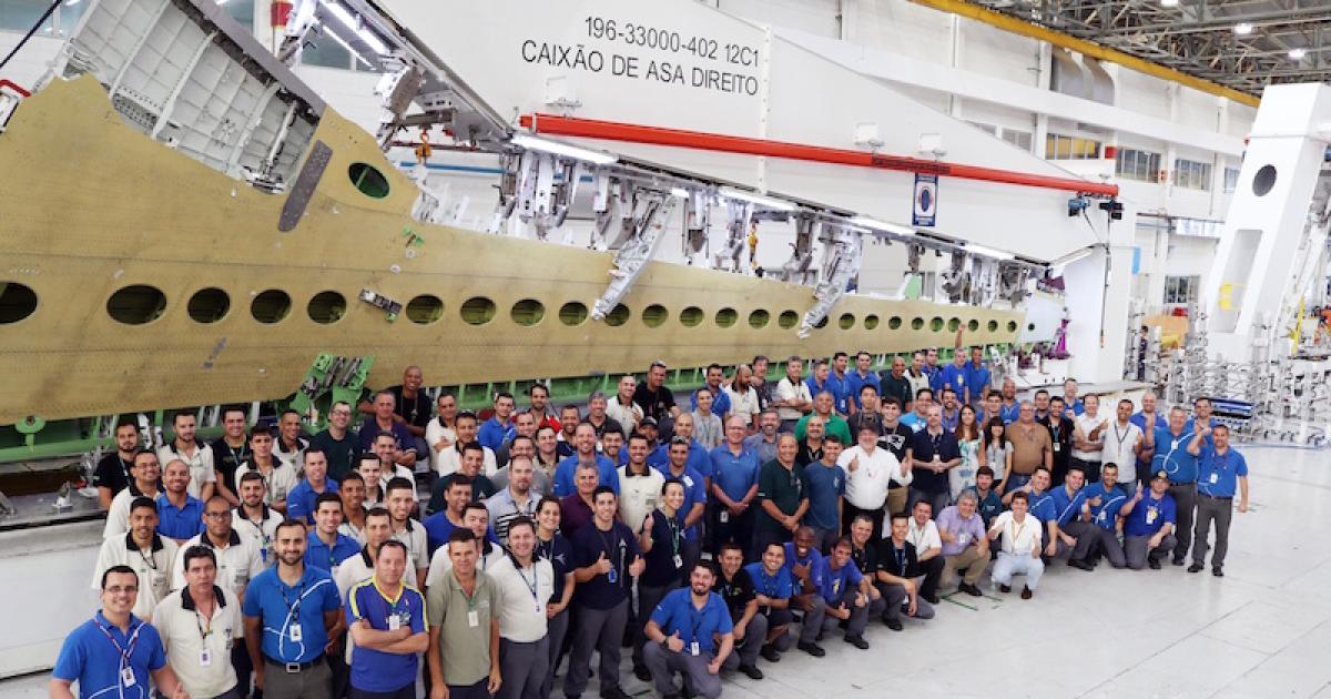 The first E195-E2 wing box rests in its jig at Embraer's plant in Sao Jose dos Campos, Brazil. (Photo: Embraer)
