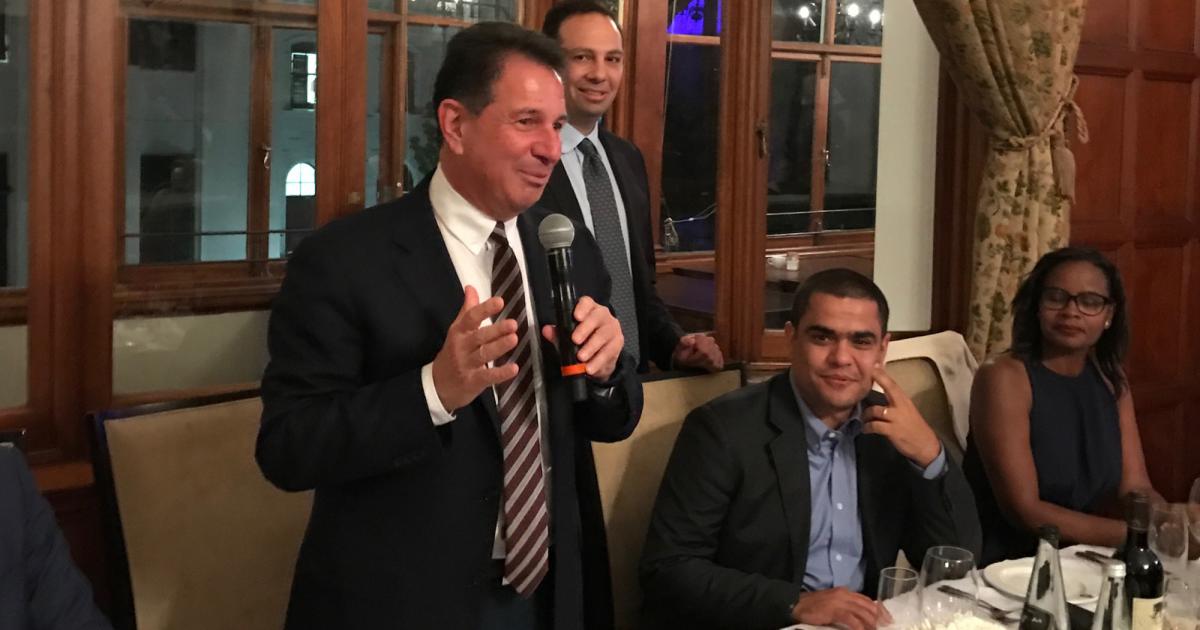 AfBAA chairman Tarek Ragheb addresses delegates at a reception at the Cape Town Club after the first day of the association’s annual conference. Seated is vice chairman Nuno Pereira, CEO of BestFly of Angola, while in the background is AfBAA CEO Rady Fahmy.