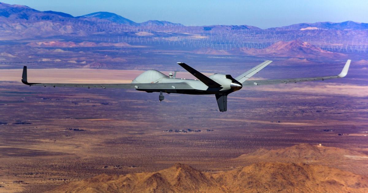 The Type Certifiable Predator B is shown on its first flight November 17 near Palmdale, Calif. (Photo: General Atomics)