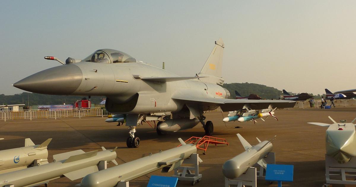 The Chengdu J-10B fighter was one of handful of aircraft making a return to the airshow, this time with upgrades and enhancements, including a redesigned air intake similar to that of the U.S. F-16. Also on display was its array of substantially upgraded armaments. (Photo: Reuben F. Johnson)