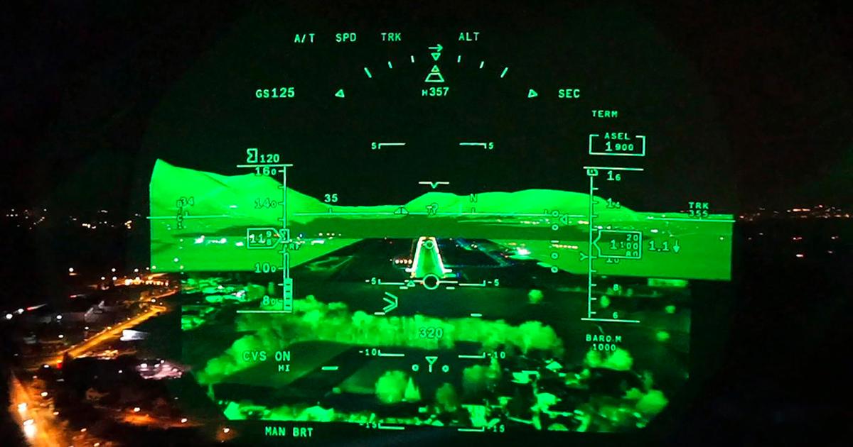 Effective March 13, pilots flying in the U.S. with an enhanced flight vision system, such as Dassault's FalconEye, will be able to continue the approach to landing using only the images displayed by the EVS on the HUD, all the way to landing “in lieu of natural vision.” (Photo: Dassault Falcon)