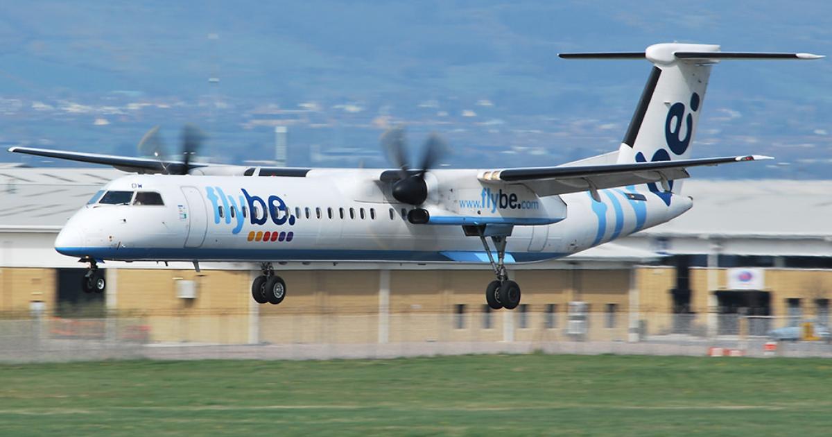 Flybe's fleet now consists mainly of Bombardier Q400 turboprops. (Photo: Flickr: <a href="http://creativecommons.org/licenses/by-nd/2.0/" target="_blank">Creative Commons (BY-ND)</a> by <a href="http://flickr.com/people/djk_pics" target="_blank">Dec32</a>)