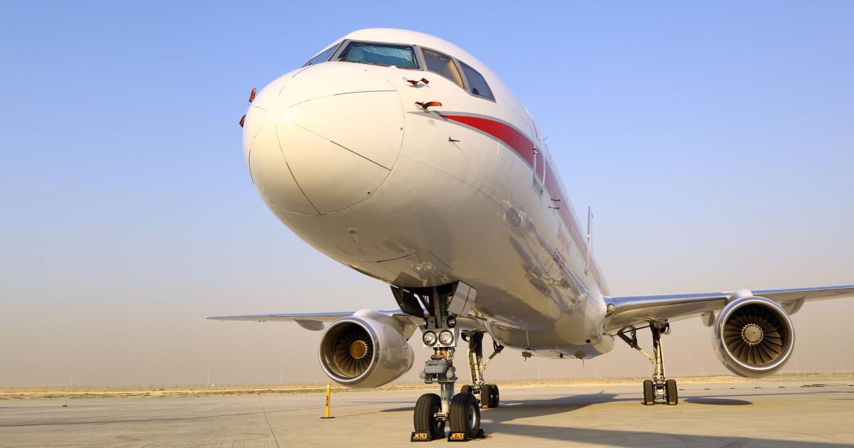 Honeywell brought its Boeing 757 flying test-bed to the static display at MEBAA 2016. The aircraft’s special equipment includes a fuselage-mounted pylon, inset, which allows in-flight engine testing with low risk. PHOTO DAVID McINTOSH