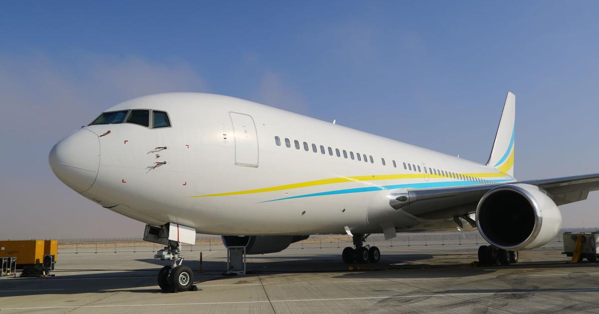 One of the latest additions by Comlux to its charter fleet is this Boeing 767BBJ P4-CLA, based in Bahrain. An airframe first manufactured in 2001, the Comlux 767BBJ seats up to 63 passengers. It’s on the static display ramp at MEBAA 2016.