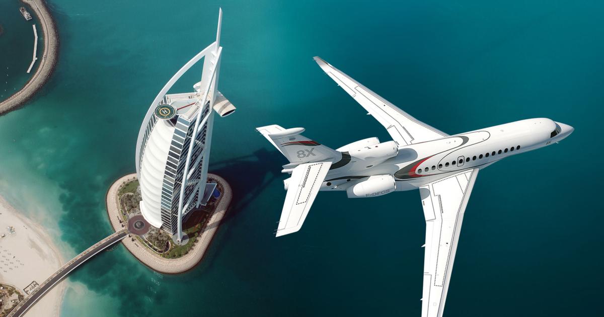 Pictured flying past Dubai’s Burj Al Arab hotel, Dassault Aviation’s newest offering, the 8X trijet, entered service in October.