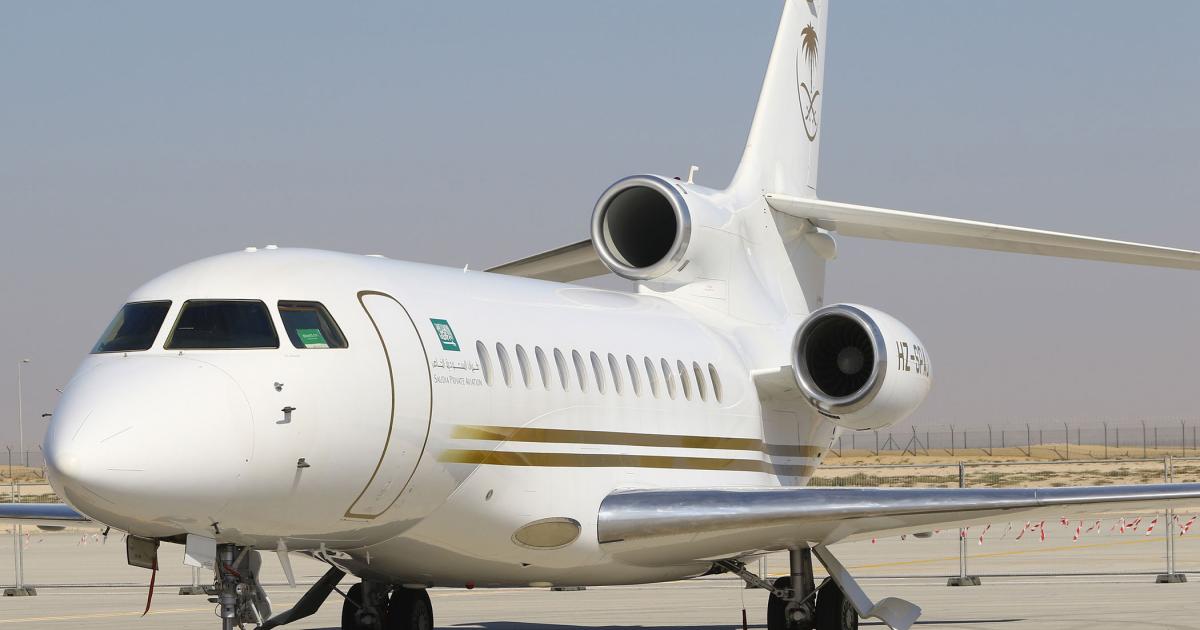 While Saudia Private Aviation (SPA) has expanded its managed fleet to 35 aircraft, the company’s owned fleet remains at 10 aircraft, among them four Dassault Falcon 7Xs, one of which was on the MEBAA 2016 static display. (Photo: David McIntosh)
