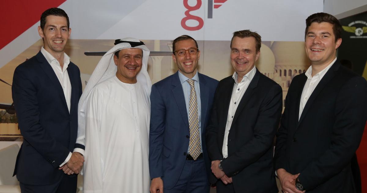(left to right) David Lawlor, head of projects and corporate finance, GI Global Ideas; Yousif Al Hammadi, director security & government affairs, GI Aviation; Marios T. Belidis, general manager, GI Aviation; Matti Auterinen, chairman, Hendell Aviation; Mikael Lees, CEO, Hendell Aviation, pause to celebrate the new operating certificate.
