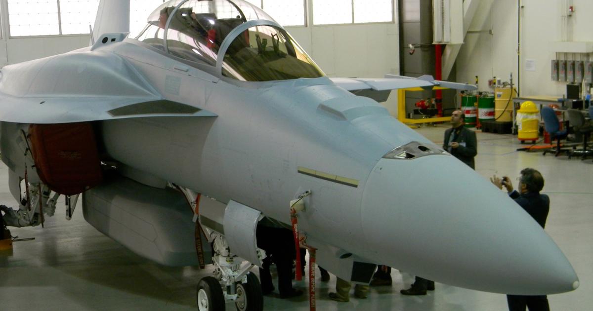 Boeing offered reporters a glimpse of an Advanced Super Hornet prototype at its St. Louis facility in 2013. (Photo: Bill Carey)