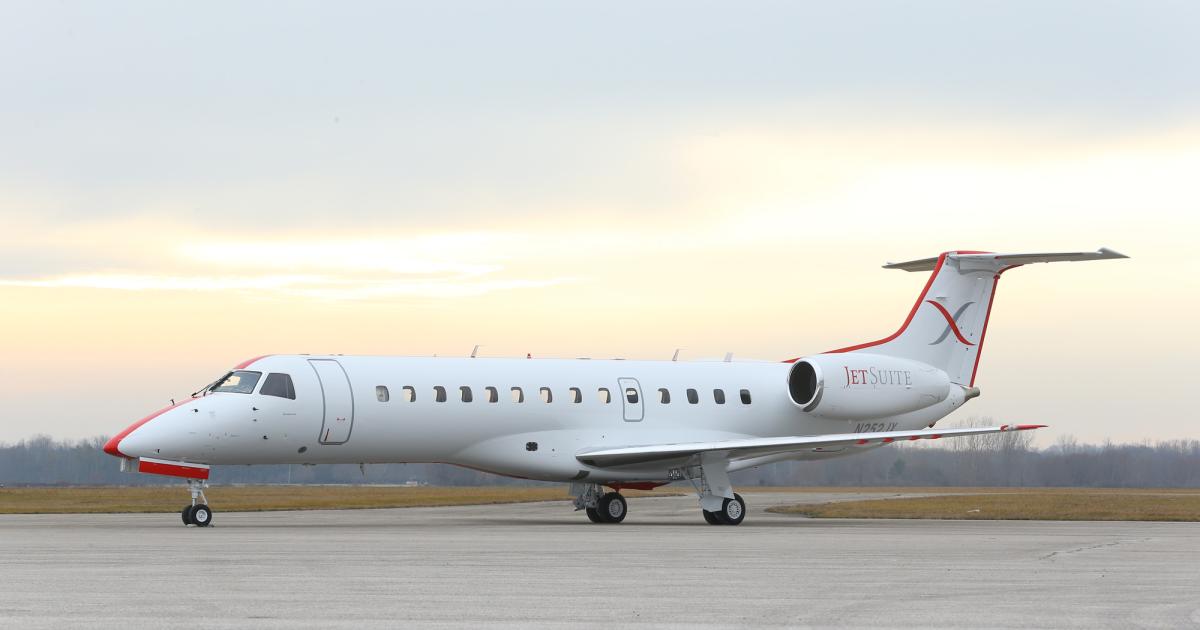 JetSuiteX will use 30-passenger-configured Embraer ERJ135s, as well as the Phenom 100s and Cessna Citation CJ3s, for scheduled public charter flights from Santa Monica Airport to Carlsbad and San Jose, California, starting February 6, and Las Vegas beginning on February 10. (Photo: JetSuiteX)