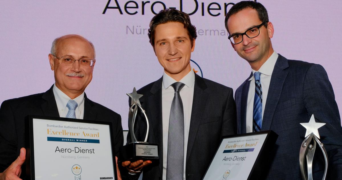 Aero-Dienst managing director Viktor Peters (center) accepts this year's Bombardier Business Aircraft Authorized Service Facility Excellence awards from Andy Nureddin (left), the Canadian airframer's vice president for business aircraft customer support and training, and Jean-Christophe Gallagher (right), vice president and general manager for Bombardier Business Aircraft customer experience.