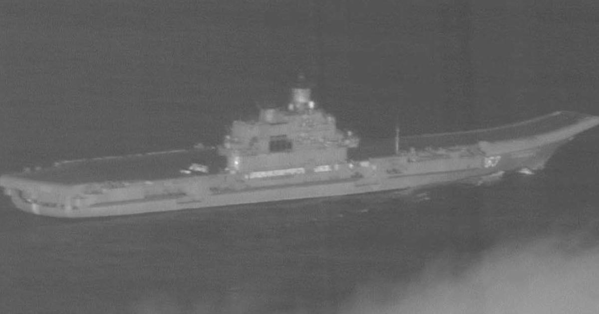 This infrared image of the Russian carrier <em>Admiral Kuznetsov</em> was obtained by the Raptor sensor pod carried by a UK Royal Air Force Tornado. (Photo: MoD Crown Copyright 2016)