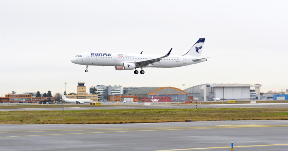 The first of 46 A320-series jetliners destined for Iran Air, an A321, lands at Toulouse Blagnac Airport. (Photo: Airbus)