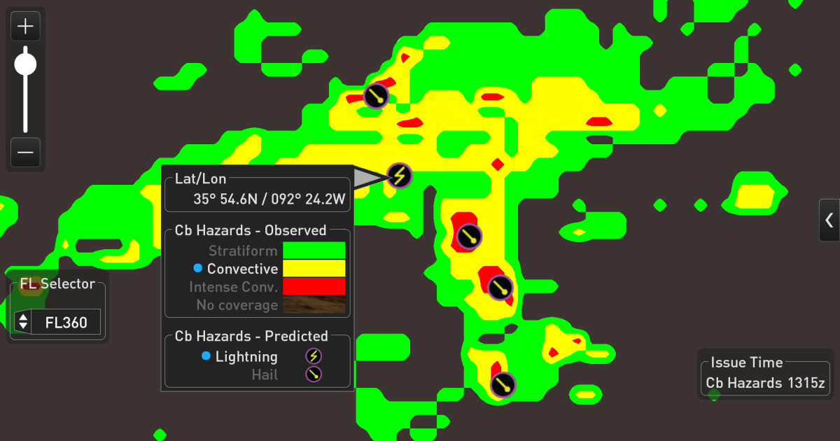 Honeywell Connected Radar Convective Hazards Display in Weather Information Service Application (Image: Honeywell)