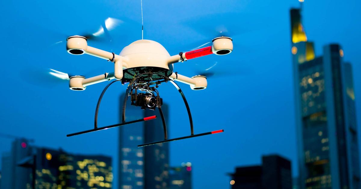 A German-made microdrones md4-1000 quadcopter is depicted operating in an urban environment. (Photo: microdrones)
