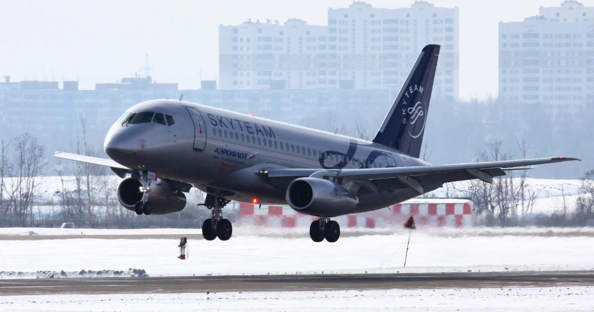 Inspections revealed non-critical defects in the tail sections of six Aeroflot SSJ100s. (Photo: Flickr: <a href="http://creativecommons.org/licenses/by-sa/2.0/" target="_blank">Creative Commons (BY-SA)</a> by <a href="http://flickr.com/people/superjetinternational" target="_blank">SuperJet International</a>)