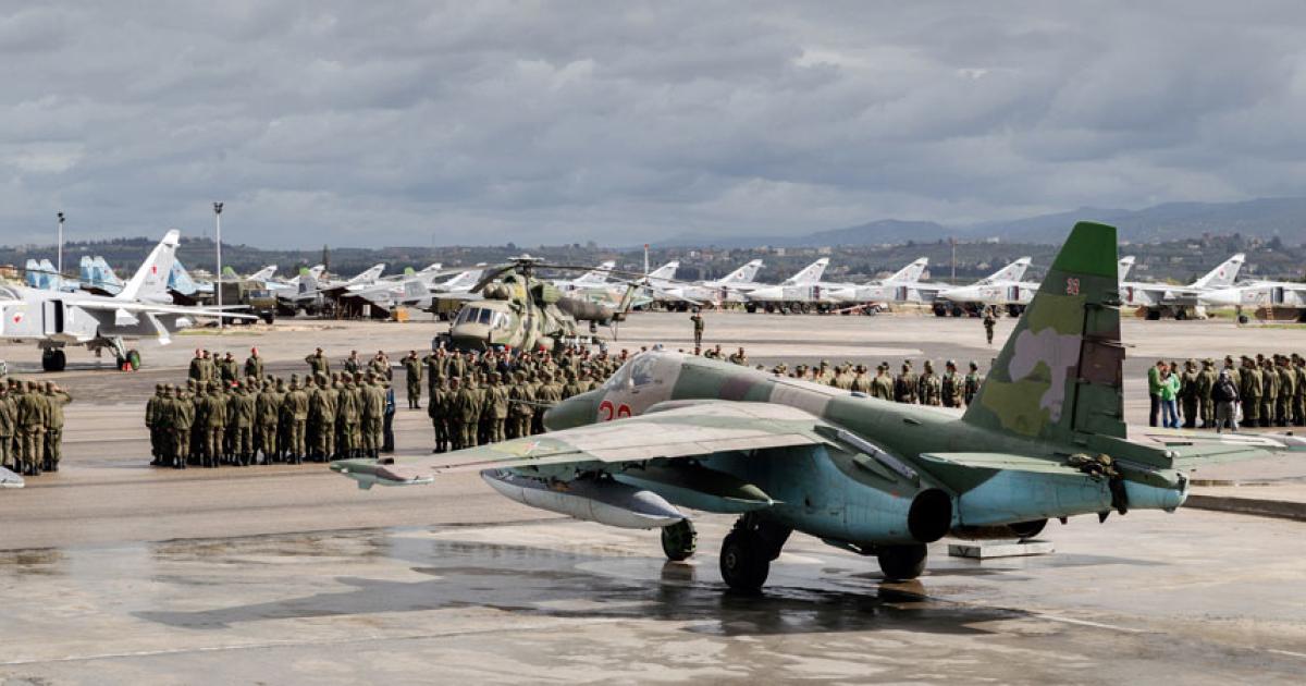 Russian troops on parade at Khmeimeem airbase in Latakia, with an Su-25 in the foreground, and a Mi-8 plus multiple Su-24s and Su-27s in the background. (Photo: Russian MoD) 