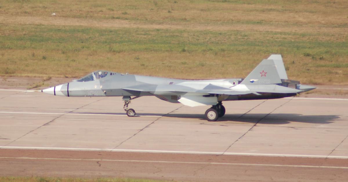 One of the prototype Sukhoi T-50s on the runway at Zhukovsky, where all flight-testing has been conducted to date. (Photo: Chris Pocock)