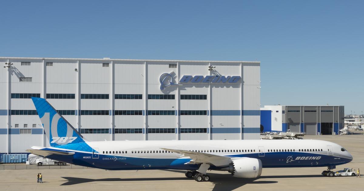 The first 787-10 Dreamliner is parked at Boeing's final assembly facility in North Charleston, S.C. (Photo: Boeing)