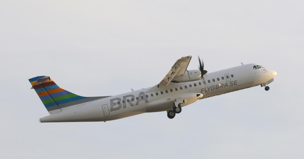 A BRA ATR 72-600 powered by a biofuel blend consisting of 45-percent cooking oil takes off from Stockholm-Bromma Airport. (Photo: ATR)