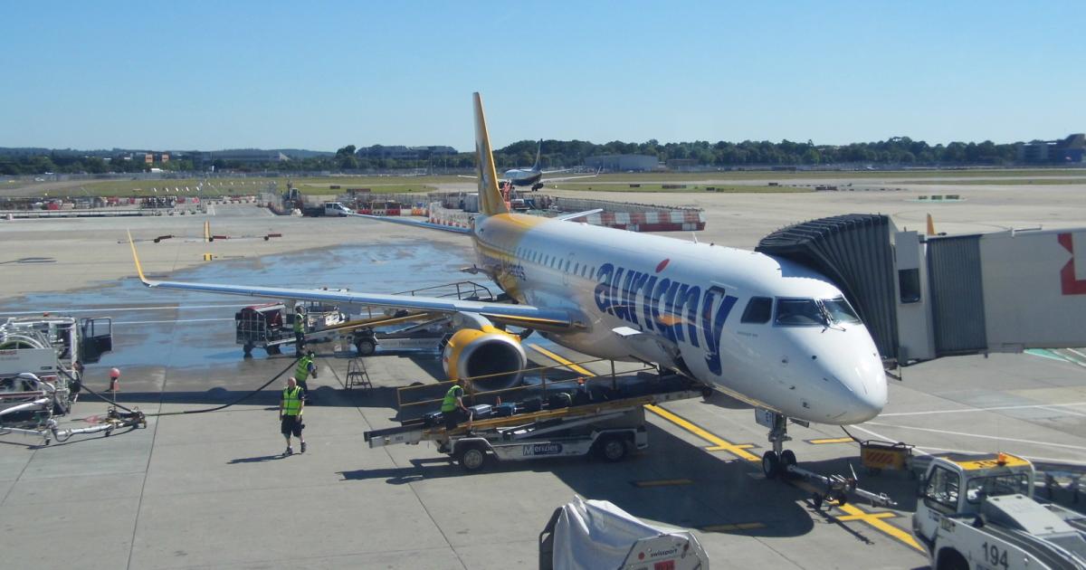 Channel Islands-based regional airline Aurigny took delivery of a new Embraer 195 in 2014 and a new program from the European Investment Bank could soon free up just over $1 billion worth of credit guarantees to support other carriers in modernizing their fleets. [Photo: Ian Sheppard]