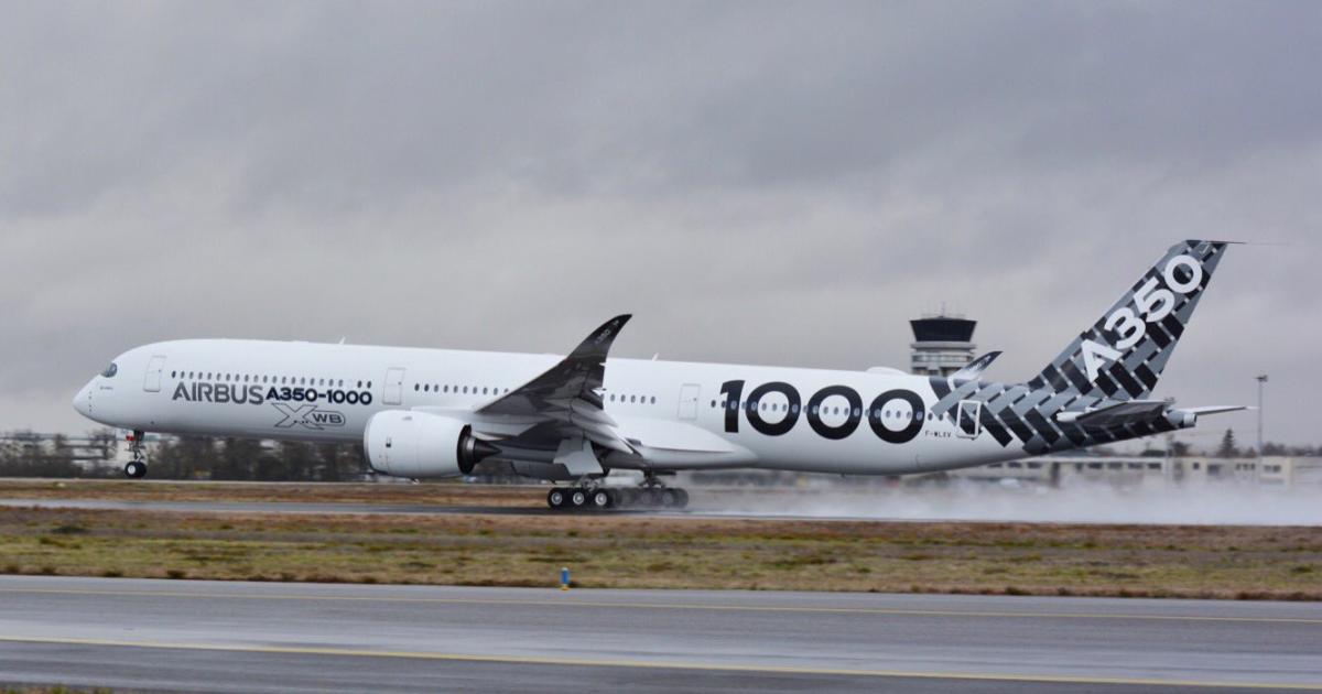 Airbus A350-1000 MSN065 takes off from Toulouse-Blagnac Airport for the first time on February 7. (Photo: Airbus)