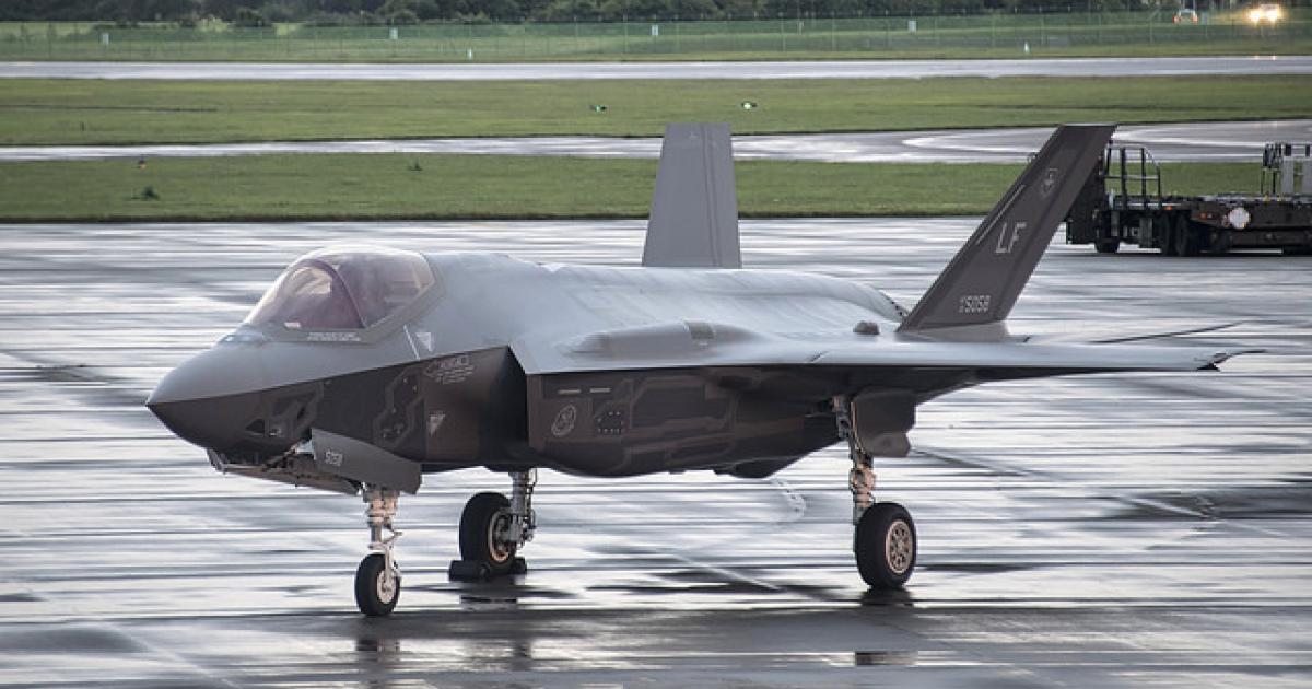 A U.S. Air Force F-35A is shown at RAF Fairford in the UK after landing there last June. (Photo: Lockheed Martin)