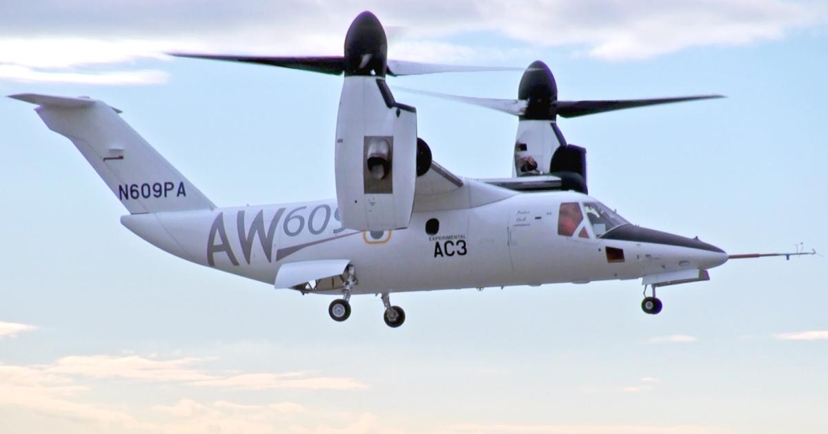 AC3, the third Leonardo Helicopters AW609 civil tiltrotor, has begun flight-testing from the company's Philadelphia plant. It will soon head to Marquette, Mich., for cold-weather testing and icing trials. (Photo: Leonardo)