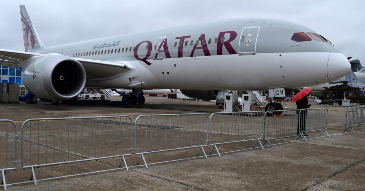 A Qatar Airways Boeing 787 is shown on static display at the 2015 Paris Air Show. (Photo: Bill Carey)
