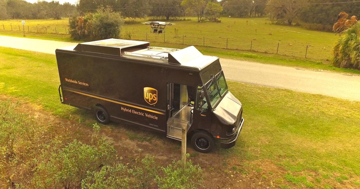 The Workhorse Group HorseFly octocopter lifts off from a UPS delivery truck to fly a preset, autonomous route. (Photo: UPS)